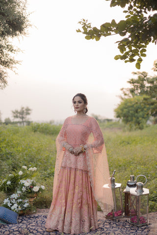Peach Amber Embroidered Shirt with Ghagra Set