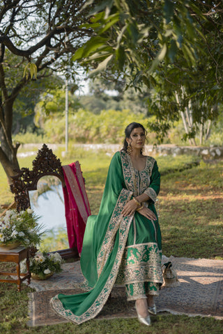 Bottle Green Embroidered Kalidar With Palazzo Set