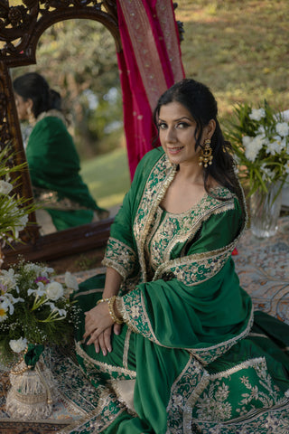 Bottle Green Embroidered Kalidar With Palazzo Set