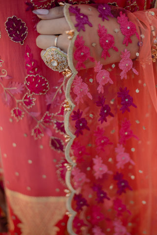 Ombre Coral Embroidered Shirt with Sharara Pants
