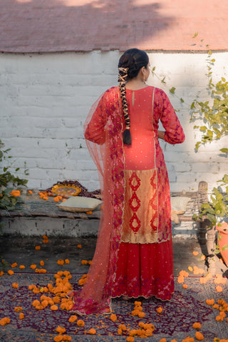 Ombre Coral Embroidered Shirt with Sharara Pants