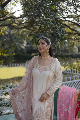 Ivory Pink Embroidered Shirt with JM Salwar Set