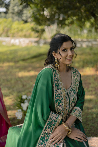Bottle Green Embroidered Kalidar With Palazzo Set