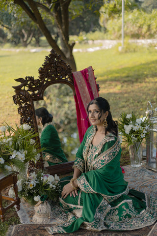 Bottle Green Embroidered Kalidar With Palazzo Set