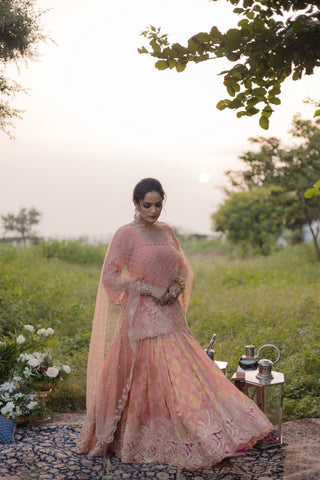 Peach Amber Embroidered Shirt with Ghagra Set