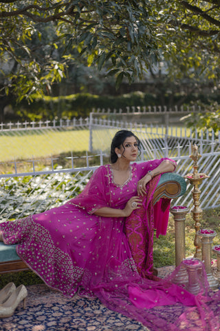 Rani Pink Embroidered Kalidar with Churidar Set