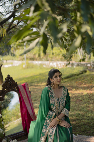 Bottle Green Embroidered Kalidar With Palazzo Set