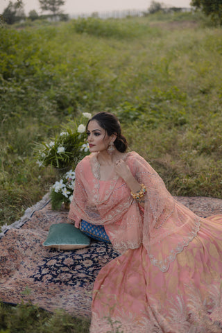 Peach Amber Embroidered Shirt with Ghagra Set