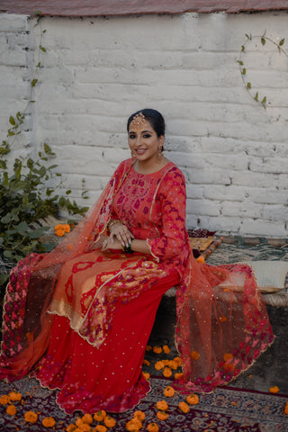 Ombre Coral Embroidered Shirt with Sharara Pants