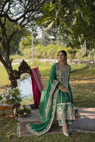 Bottle Green Embroidered Kalidar With Palazzo Set