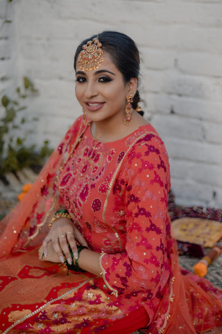 Ombre Coral Embroidered Shirt with Sharara Pants