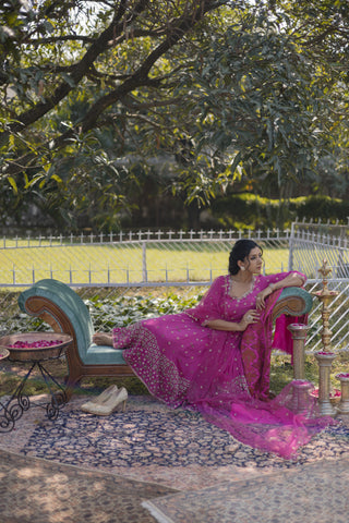Rani Pink Embroidered Kalidar with Churidar Set