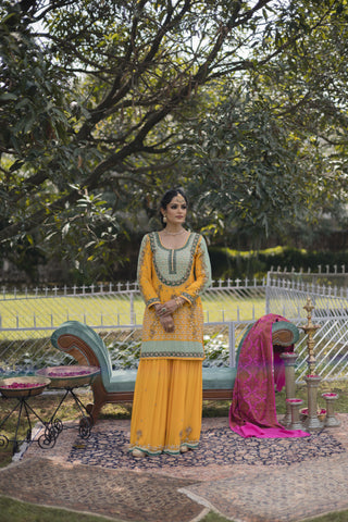 Primrose Yellow Embroidered Shirt with Sharara Set