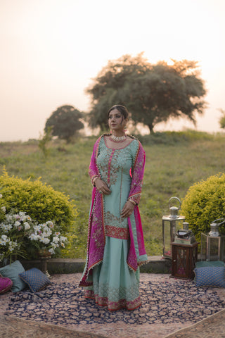 Tifany Blue Embroidered Shirt with Sharara Set