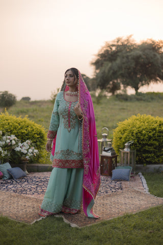 Tifany Blue Embroidered Shirt with Sharara Set