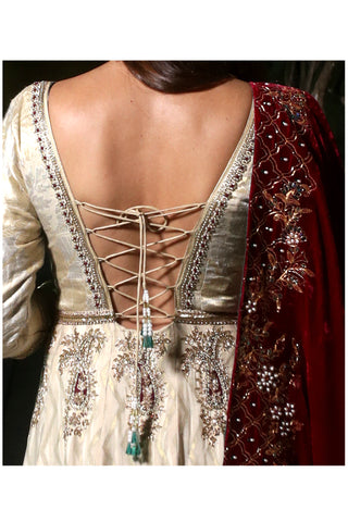 Ivory-Maroon Embroidered Kalidar Set