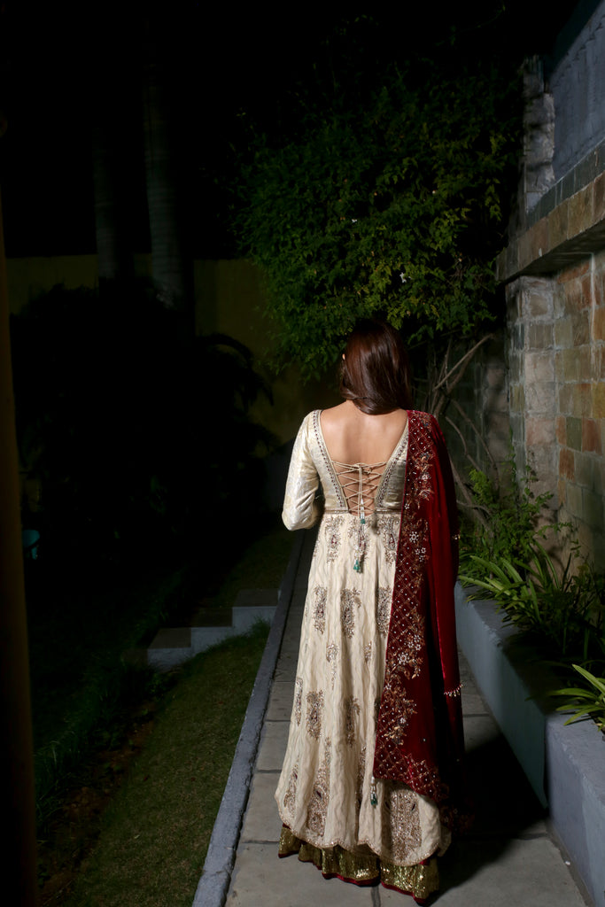 Ivory-Maroon Embroidered Kalidar Set