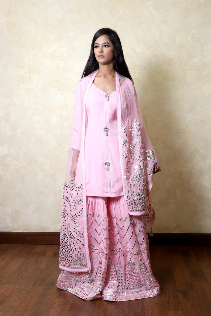 Sand Pink Embroidered Shirt With Sharara Set