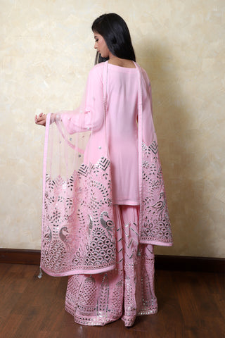 Sand Pink Embroidered Shirt With Sharara Set