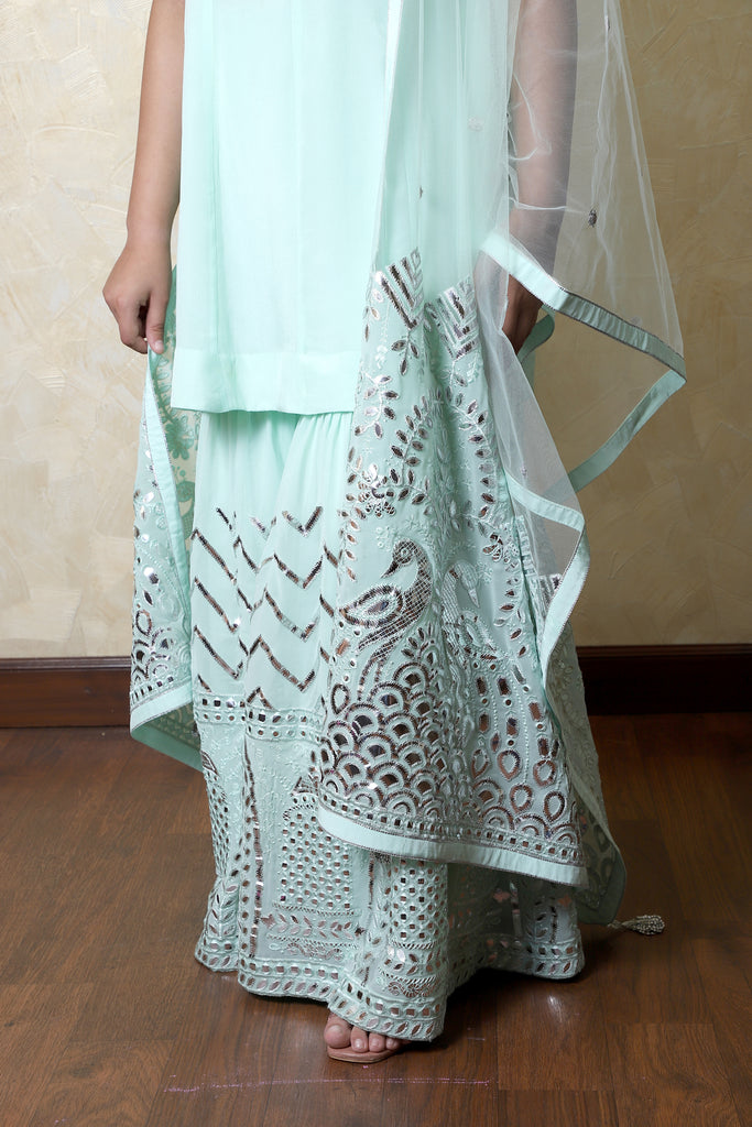 Light Mint Embroidered Shirt With Sharrara Set