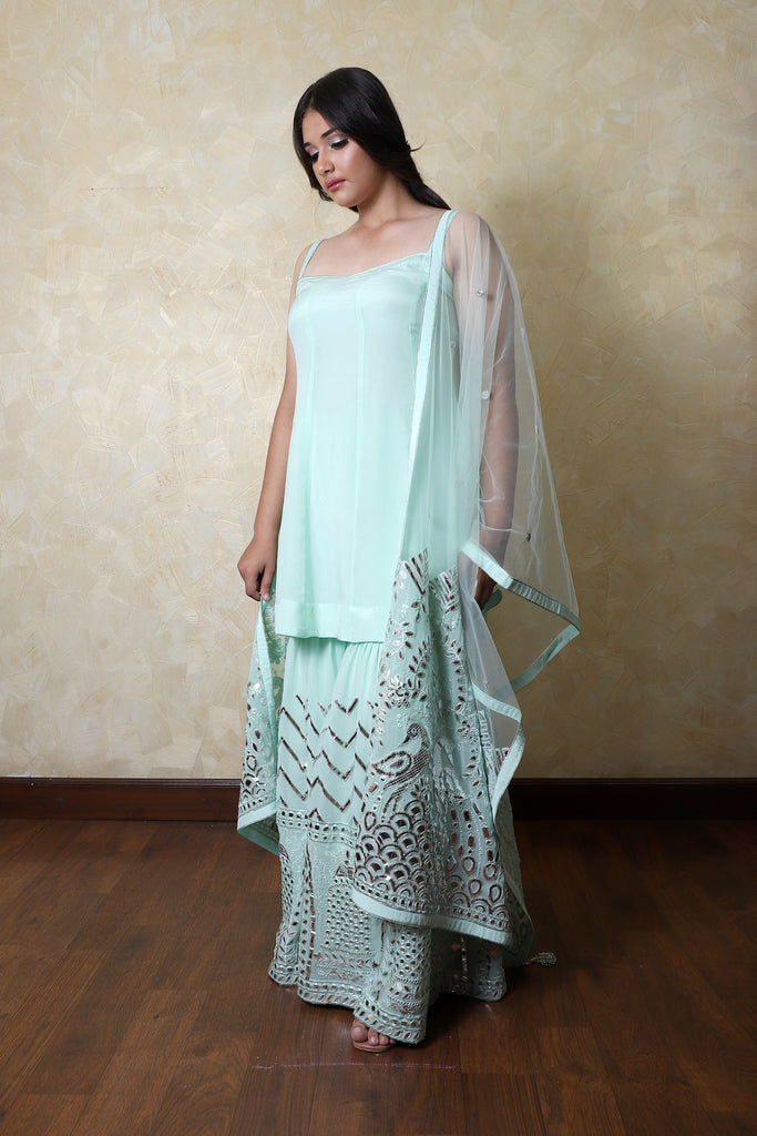 Light Mint Embroidered Shirt With Sharrara Set