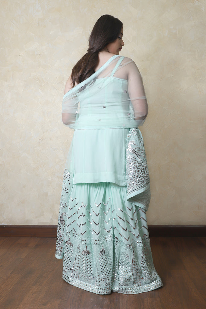 Light Mint Embroidered Shirt With Sharrara Set