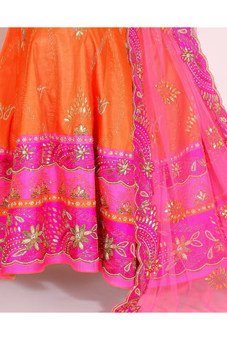Fuschia & Orange Embroidered Lehenga Set