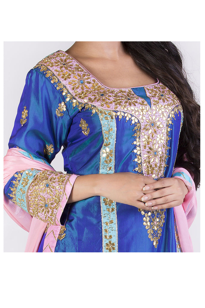 Bright Navy Blue Embroidered Suit With Sharrara Set