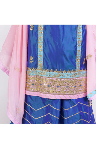 Bright Navy Blue Embroidered Suit With Sharrara Set