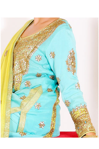 Turquoise blue Embroidered Suit With Flared Pants