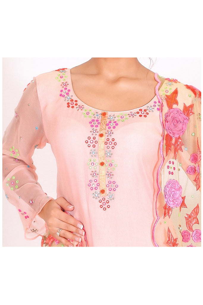 Peach Embroidered Suit With Sharrara Set