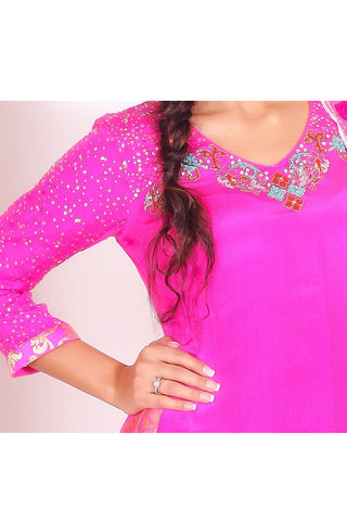 Hot pink Thread Embroidered Suit With Sharara Set