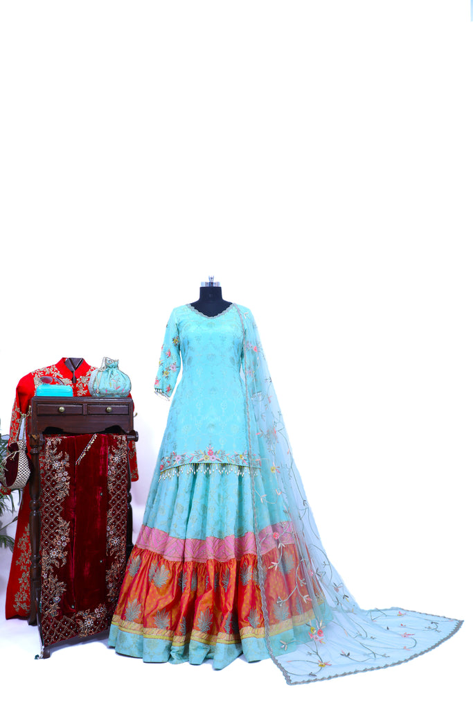 Dusty Aqua Embroidered Shirt With Ghagra Set