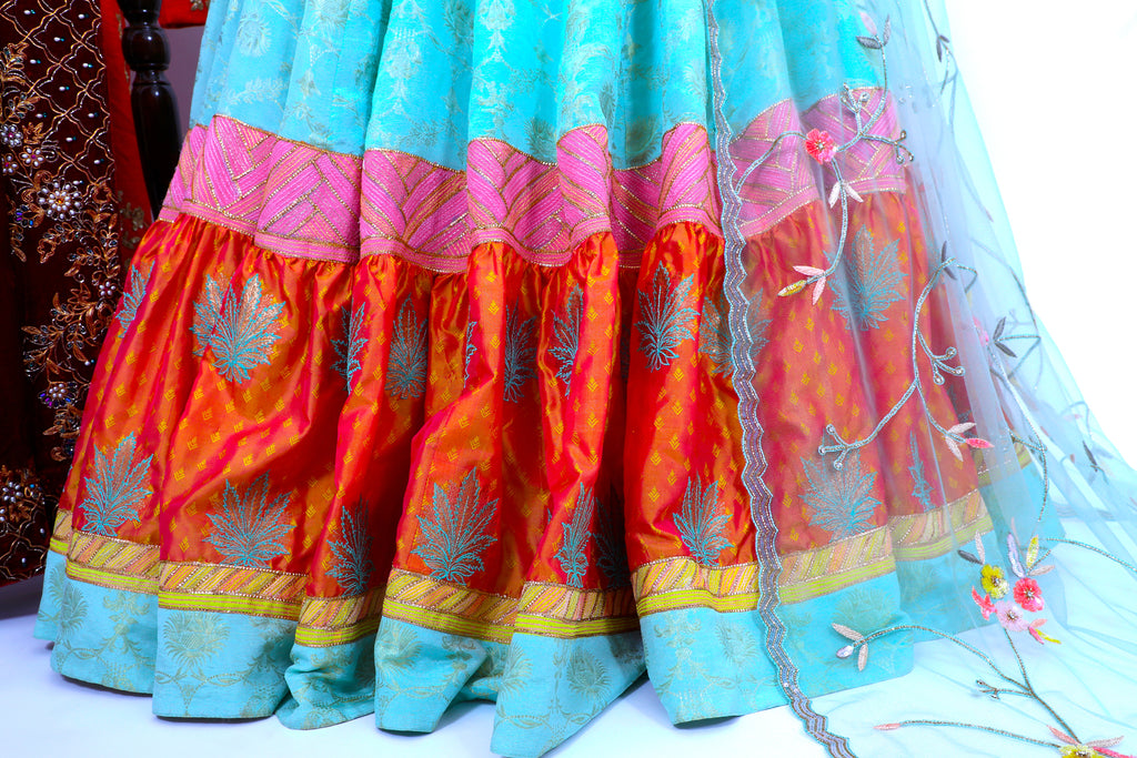 Dusty Aqua Embroidered Shirt With Ghagra Set