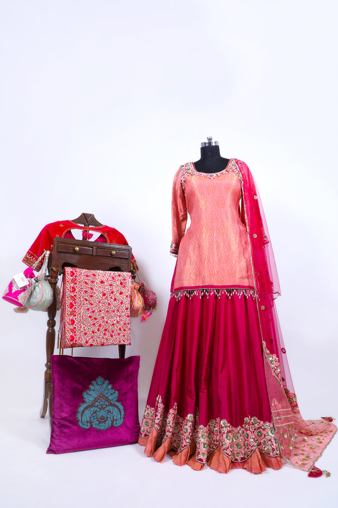Raspberry Radiance Embroidered Shirt With Ghagra Set