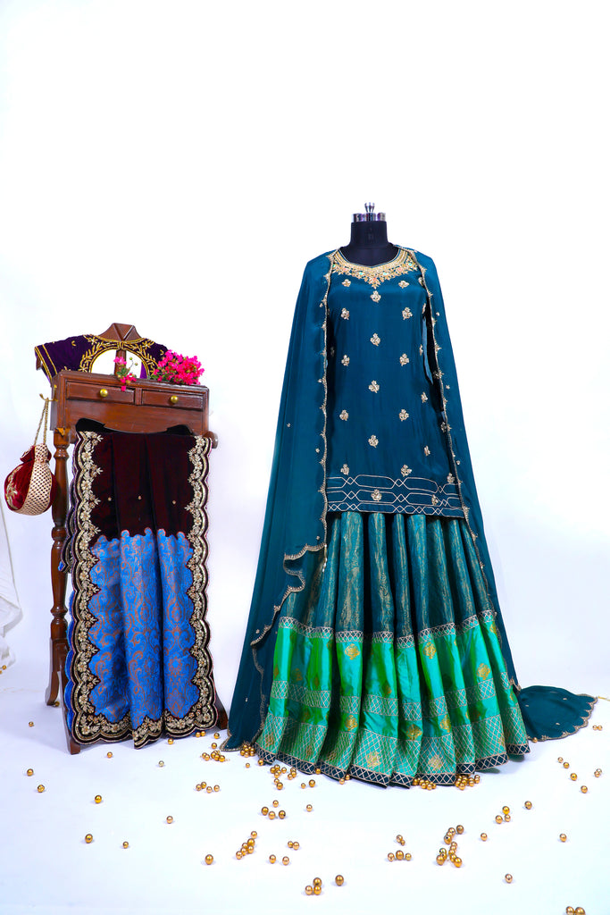 Deep Teal Embroidered Shirt With Ghagra Set