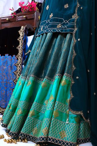 Deep Teal Embroidered Shirt With Ghagra Set