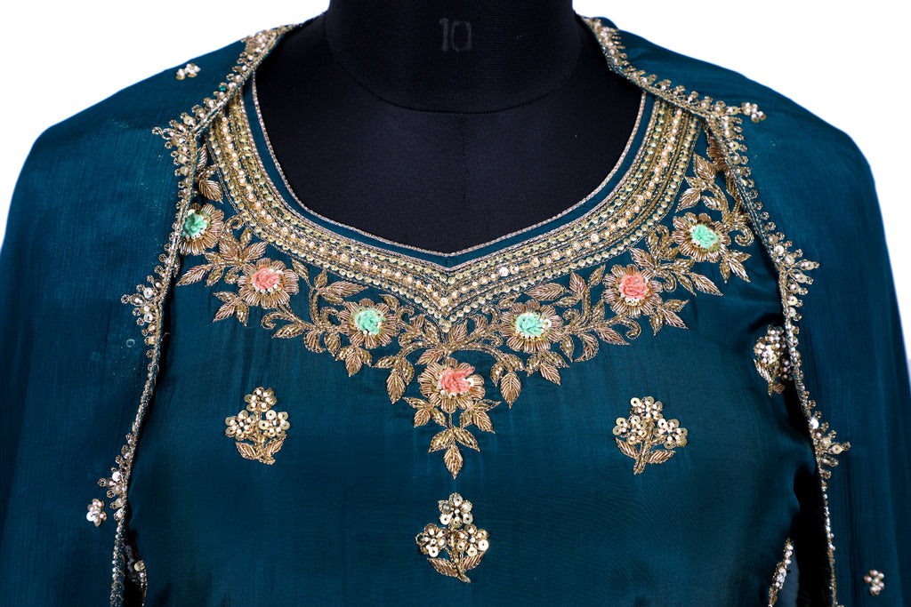 Deep Teal Embroidered Shirt With Ghagra Set