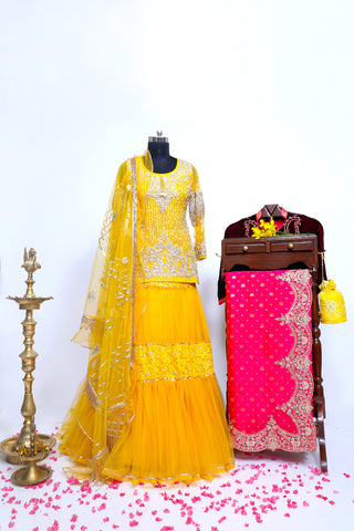 Old Gold Embroidered Shirt With Ghagra Set