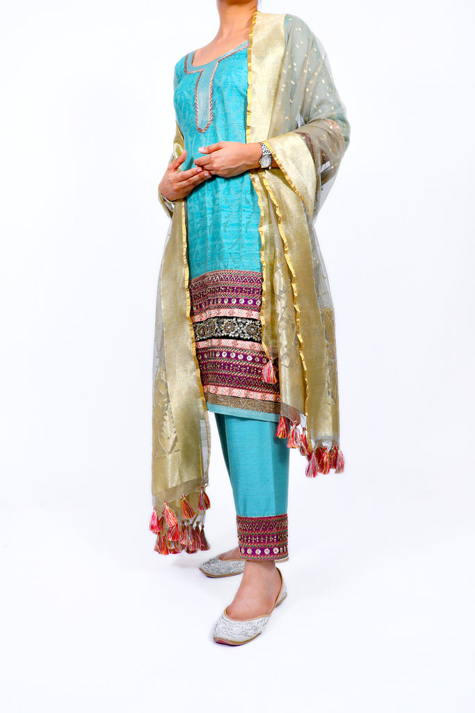 Dusty Turquoise Embroidered Shirt With Straight JM Salwar Set