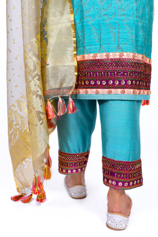 Dusty Turquoise Embroidered Shirt With Straight JM Salwar Set