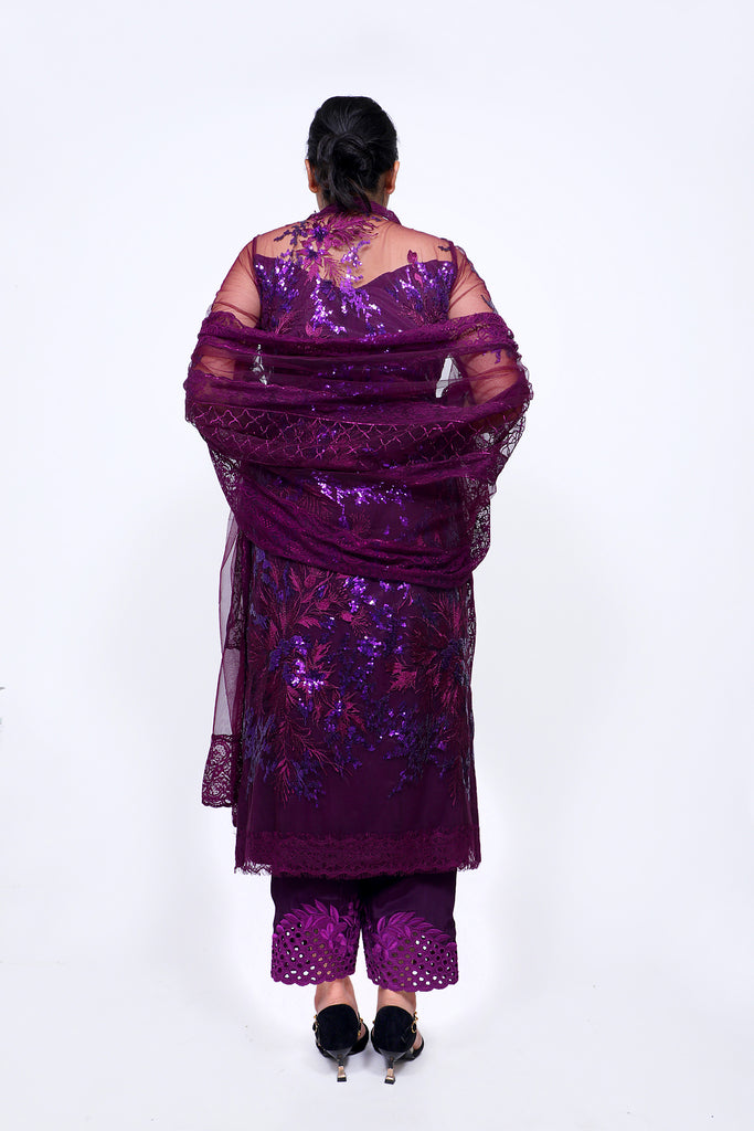 Mulberry Purple Embroidered Shirt With Straight JM Salwar Set