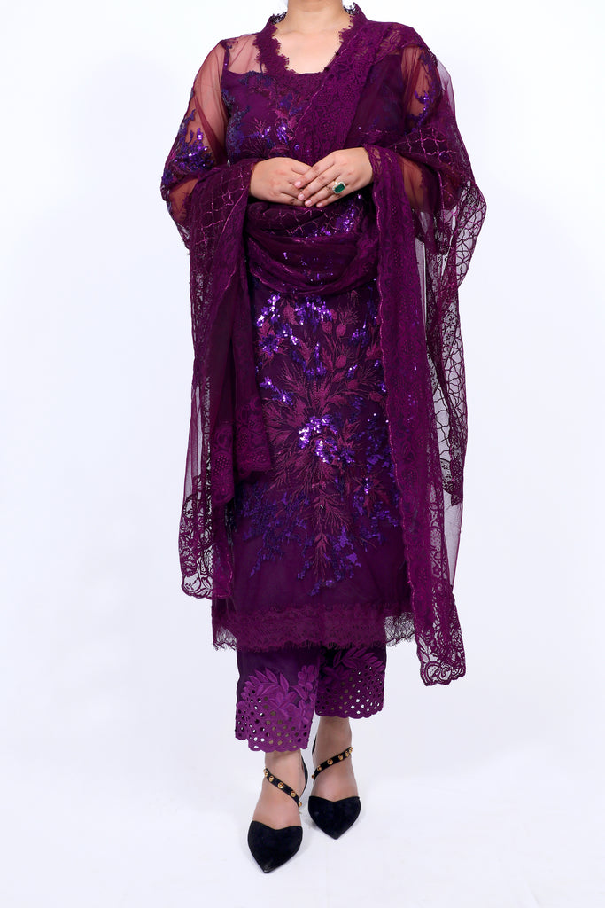 Mulberry Purple Embroidered Shirt With Straight JM Salwar Set