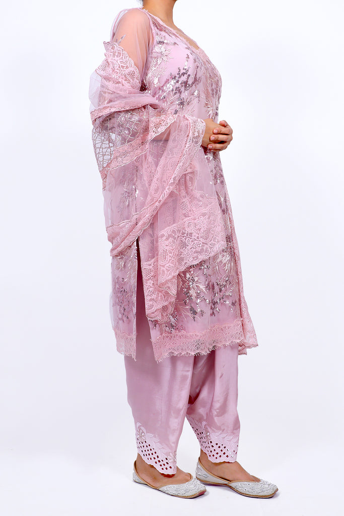 Chalk Pink Embroidered Shirt With Straight JM Salwar Set