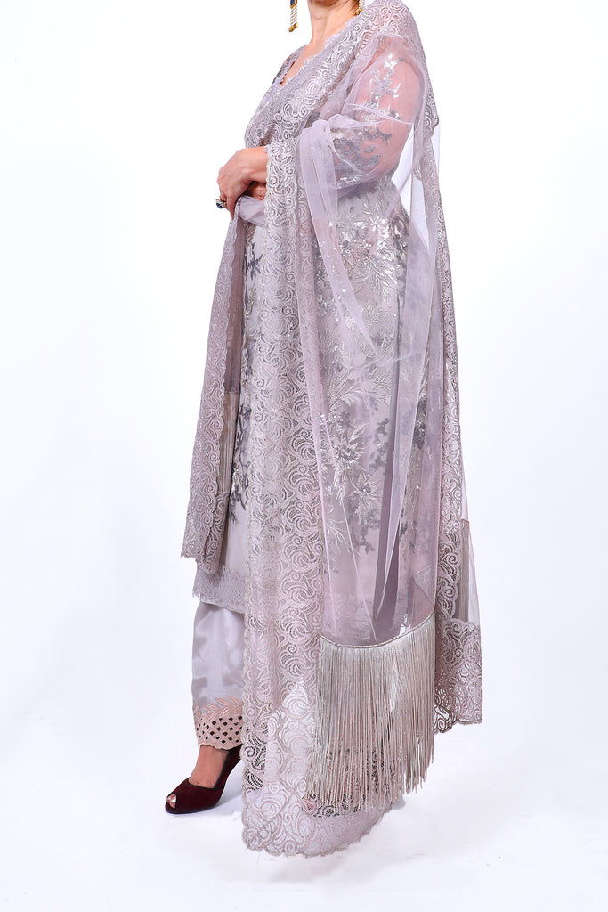 Feather Gray Embroidered Shirt With Straight JM Salwar Set
