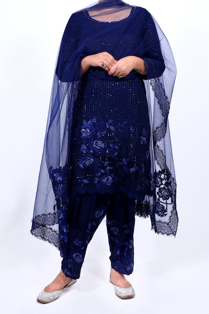 An Estate Blue Embroidered Shirt With Straight JM Salwar Set