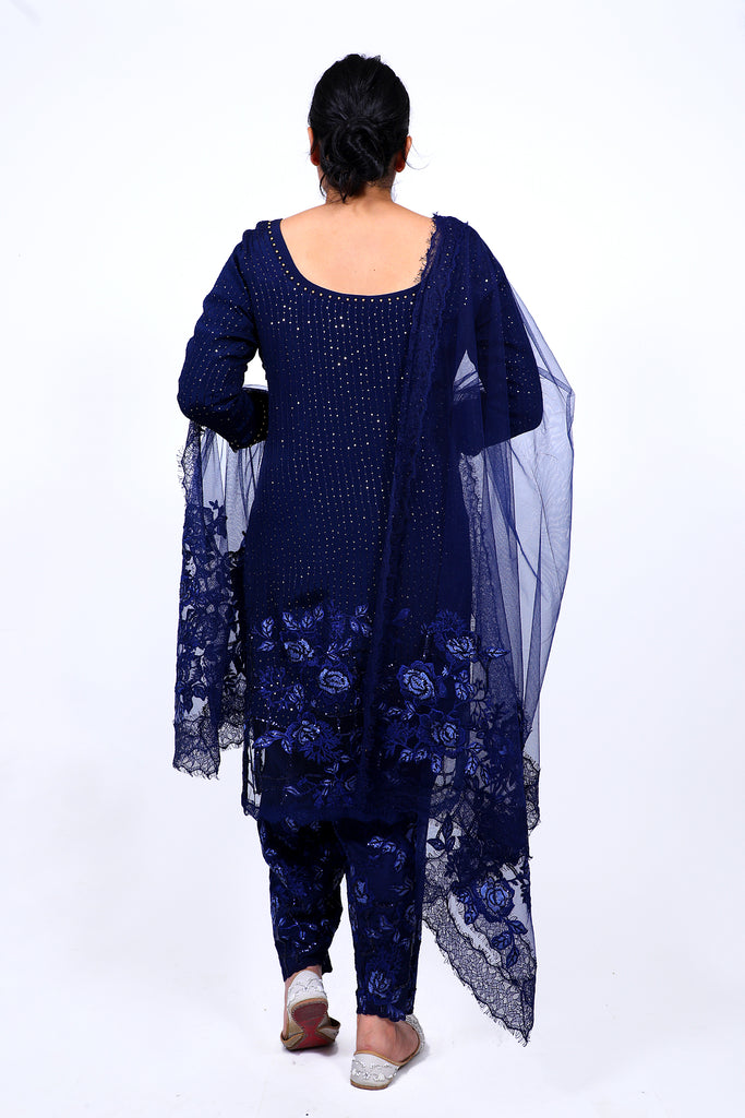 An Estate Blue Embroidered Shirt With Straight JM Salwar Set