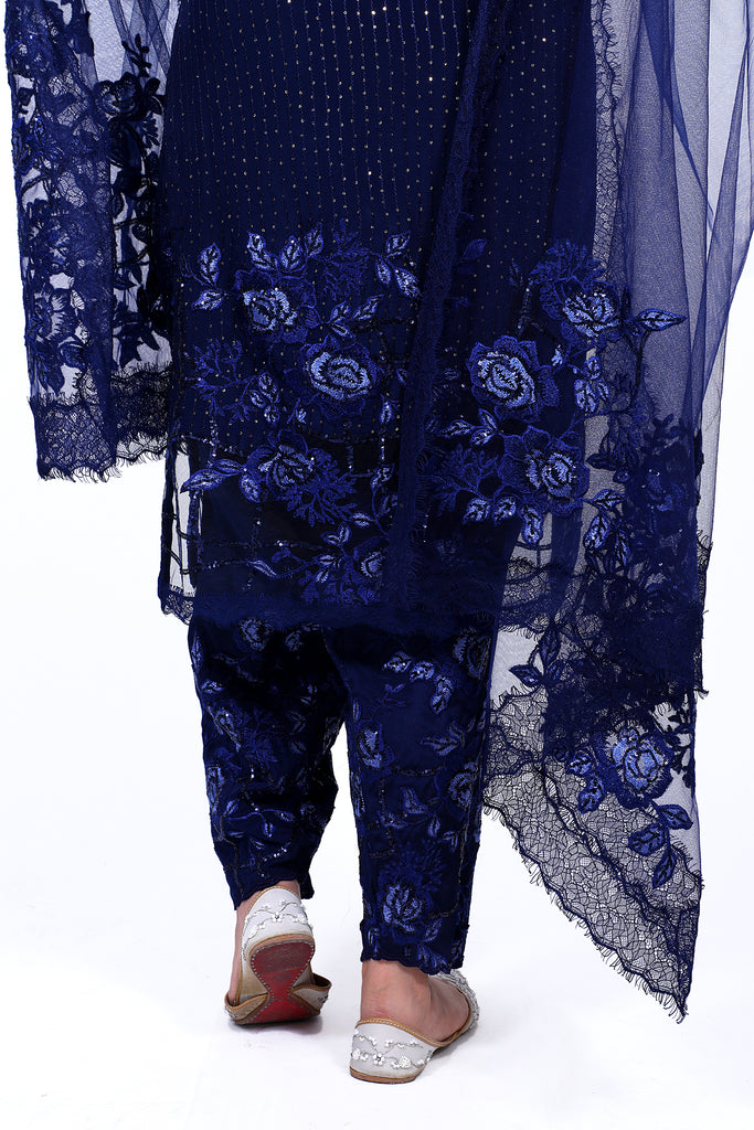 An Estate Blue Embroidered Shirt With Straight JM Salwar Set