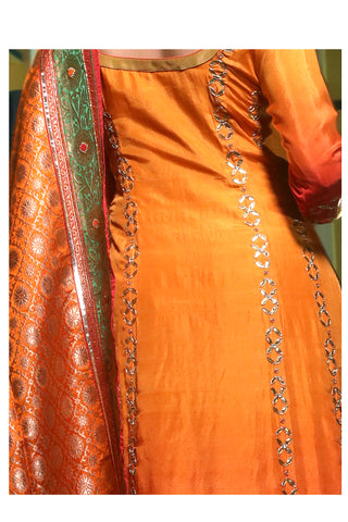 Apricot Embroidered Suit With Three-Kali Sharrara Set