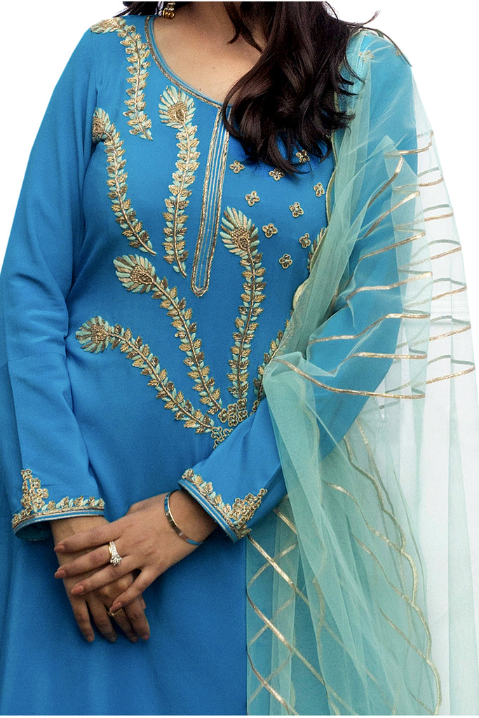 Crystal Teal Embroidered Suit With Flared Pants